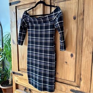 Off The Shoulder Plaid Bodycon Sexy Mini Dress Black White Grey Beige - XS